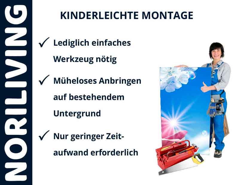 Frau mit Werkzeugkasten demonstriert die kinderleichte Montage von Norliving, inklusive einfacher Werkzeuge und minimalem Zeitaufwand.
