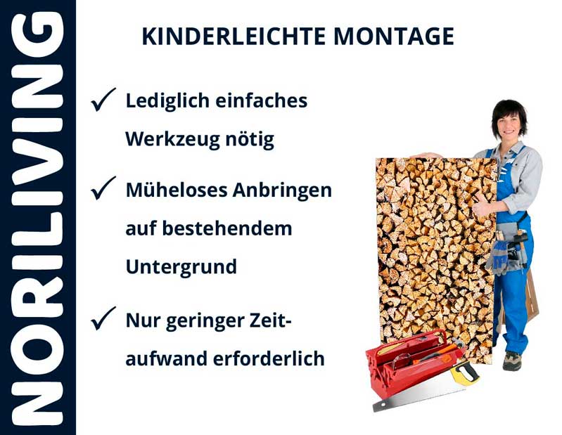 Frau präsentiert kinderleichte Montage von Noriliving mit einfachem Werkzeug, geringem Zeitaufwand und mühelosem Anbringen.