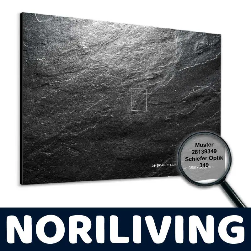 Wandverkleidung mit Schieferoptik, Muster 28139349, abgebildet in Nahaufnahme mit Vergrößerungsglas und Logo von NORILIVING