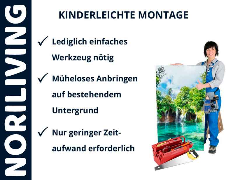 Montage mit Noriliving-Werkzeug: Person hält ein Landschaftsbild neben Werkzeugkoffer