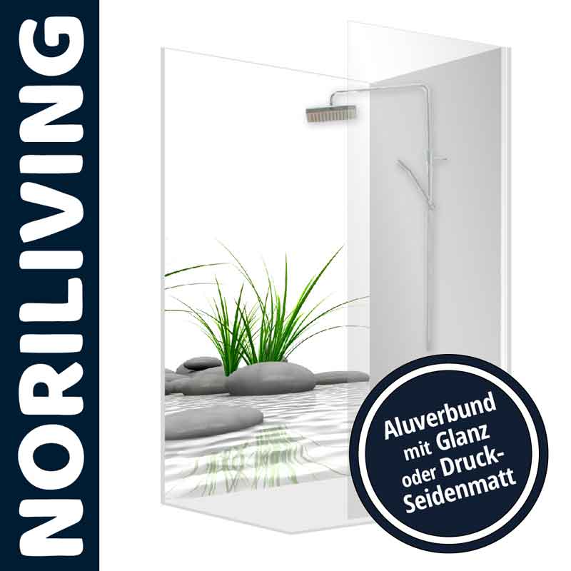 Moderne Duschabtrennung mit Naturmotiv und Aluverbundoption Duschabtrennung mit Naturmotiv, Kieselsteinen und Pflanzen, erhältlich in Aluverbund mit Glanz oder Druck-Seidenmatt, von Noriliving