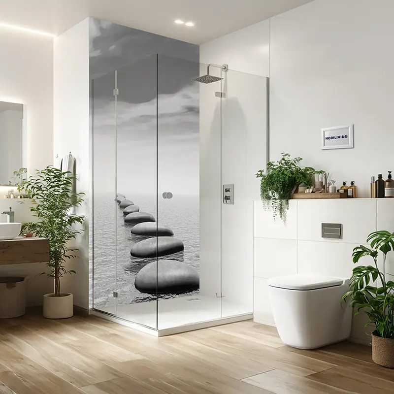 Duschrückwand Einzel | Alu Steinweg im Wasser schwarz weiß 395