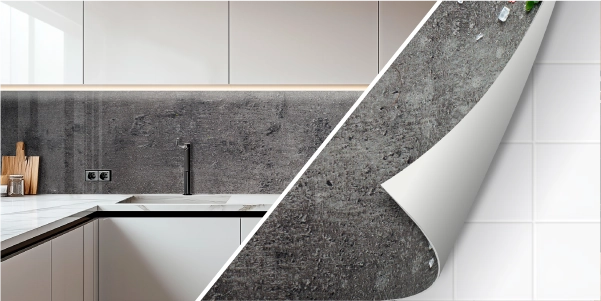 Moderne Küche mit abziehbarem Rückwandschutz in Betonoptik Küchenrückwand in Betonoptik, die als abziehbare Folie über weißen Fliesen angebracht ist