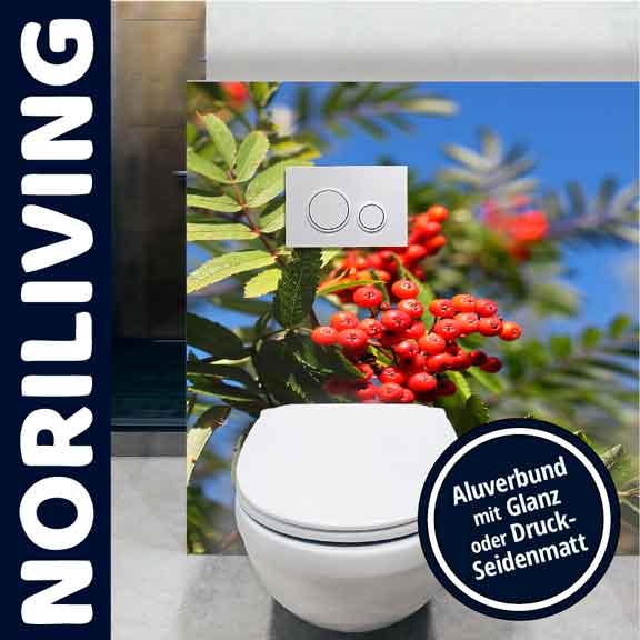 Innenaufnahme einer modernen Toilette mit farbenfroher Fototapete, Aluverbund mit glänzender oder seidenmatter Oberfläche