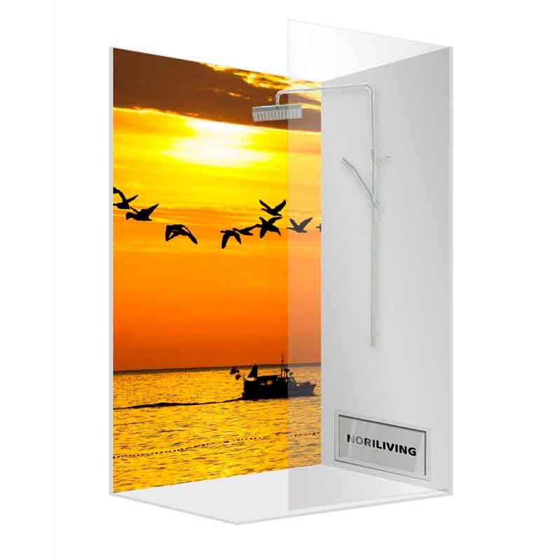 Luxus Duschkabine mit Sonnenuntergangsmotiv und Vogel-Silhouetten Duschkabine mit einem Bild von einem Sonnenuntergang über dem Meer und fliegenden Vögeln