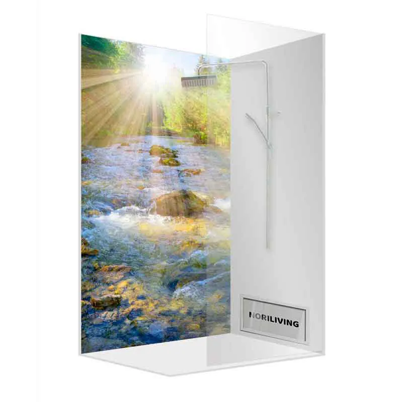 Eckdusche mit Glaswand und sonnigem Flussmotiv