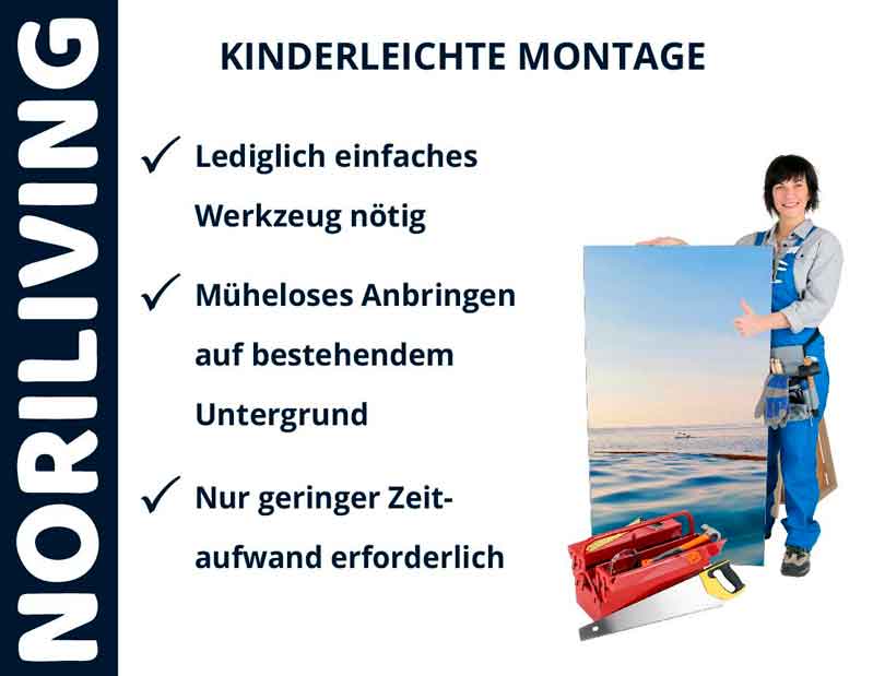Frau mit Werkzeugkoffer und großem Bild, Text 'Kinderleichte Montage', einfache Werkzeuge erforderlich, müheloses Anbringen, geringer Zeitaufwand