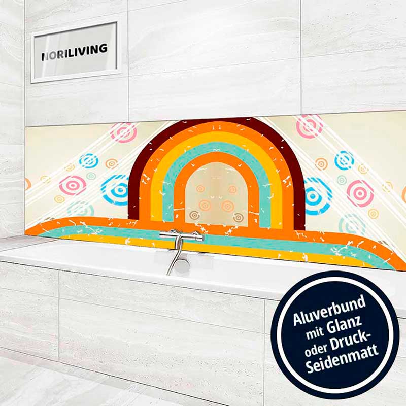 Badezimmer mit moderner Rückwand in Regenbogenfarben, Aluverbund mit Glanz oder Druck-Seidenmatt