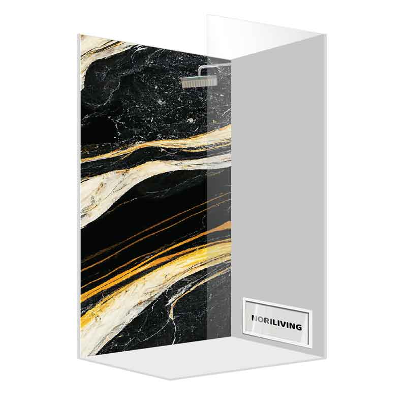Duschwand mit modernem Marmormuster in Schwarz und Gold, minimalistisches Design von Noriliving