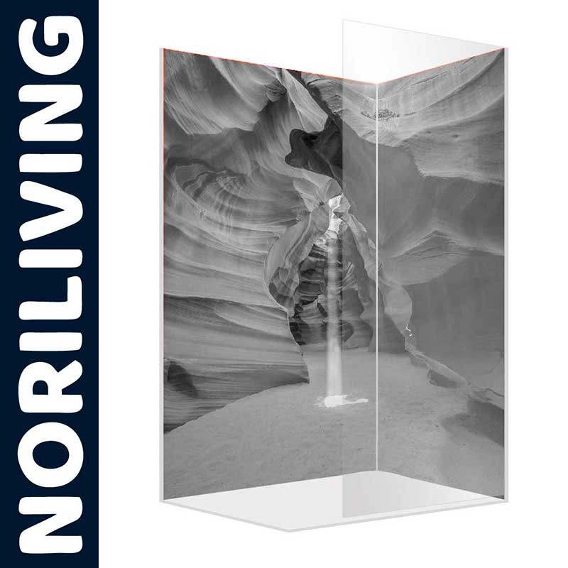 NORILIVING Duschwand mit Landschaftsmotiv aus Antelope Canyon Duschwand von NORILIVING mit einem schwarz-weißen Antelope Canyon Motiv, das natürliche Felsformen zeigt.