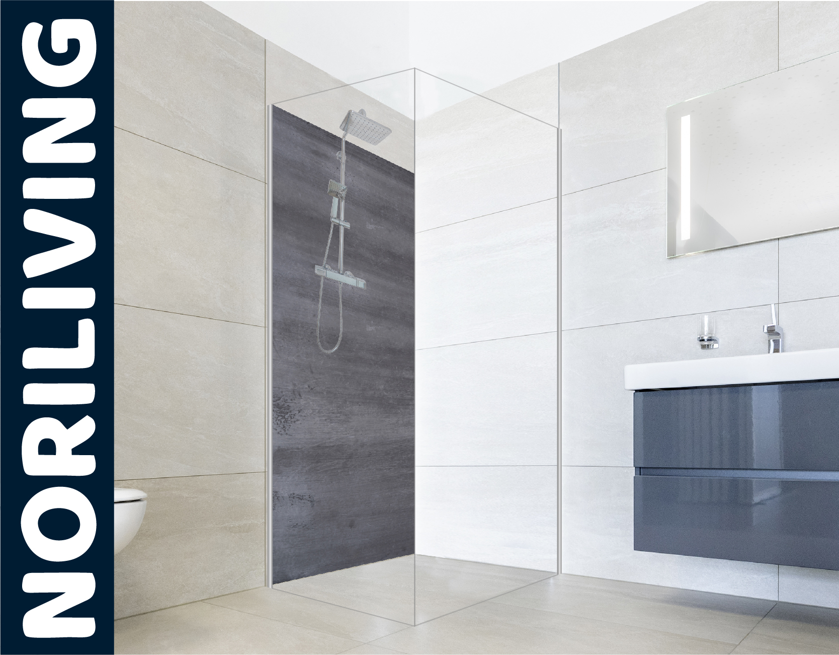 Elegante Duschkabine und Waschbereich in hell gefliestem Badezimmer mit Noriliving Schriftzug