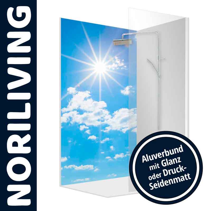 Duschrückwand mit Motiv: blauer Himmel und Sonne, erhältlich in Aluverbund mit Glanz oder Druck-Seidenmatt von Noriliving