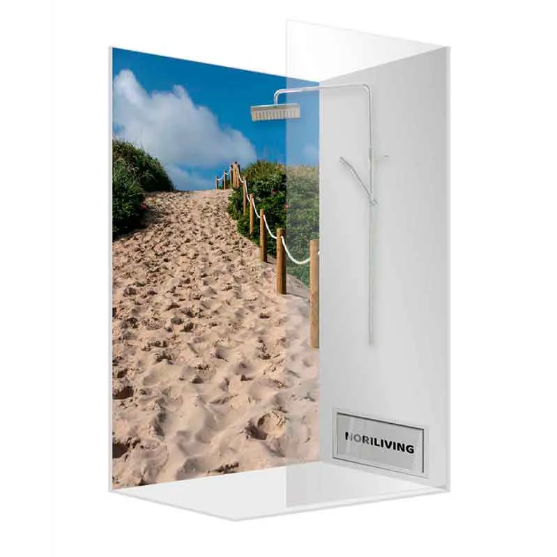 Eckdusche mit Strandmotiv und Regenduschkopf