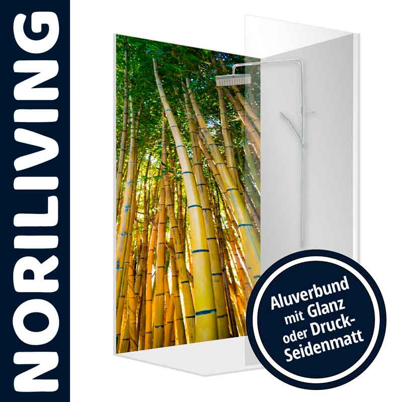 Duschpaneel von Noriliving mit großem Bambusmotiv und wählbarem Alu-Verbund in Glanz oder Seidenmatt