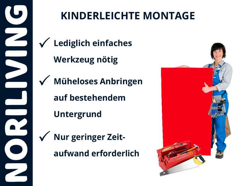 Person mit rotem Montage-Element von Noriliving, einfache Werkzeuganwendung hervorgehoben