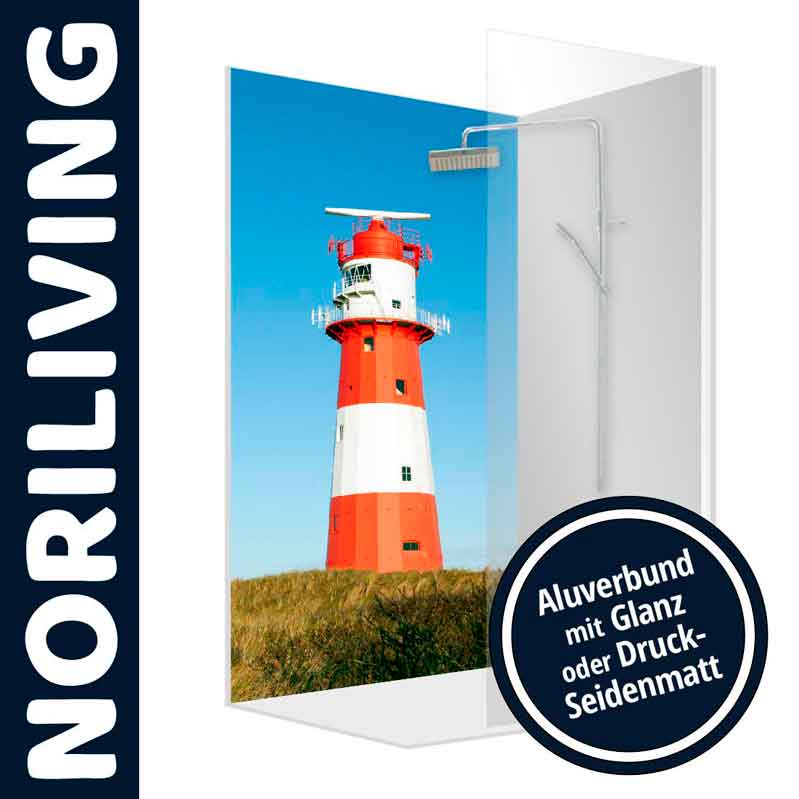 Duschwand mit Bild eines roten und weißen Leuchtturms auf Aluverbund, erhältlich in glänzend oder seidenmatt