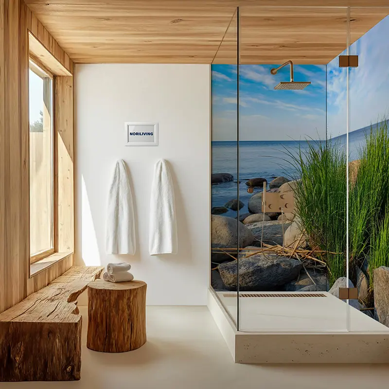 Helles Bad mit Glasdusche und Fels-Motivwand