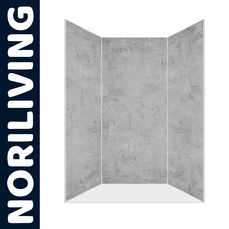 Duschwand von Noriliving aus grauem, steinähnlichem Material in einer halb geöffneten Darstellung