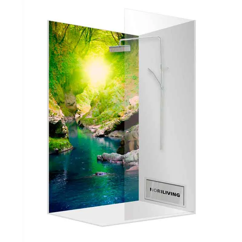 Glas-Duschwand mit sonnigem Fluss- und Waldmotiv