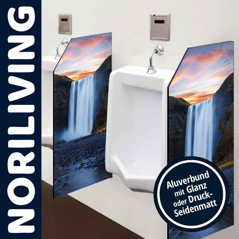 Urinal mit Wasserfall-Motiv als Sichtschutz, Noriliving Aluverbund mit Glanz oder Druck-Seidenmatt