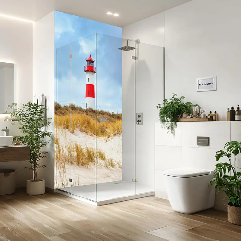 Duschrückwand Einzel | Ecke | Alu Leuchtturm am Strand 815
