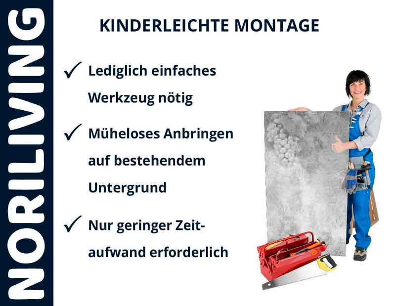 Person präsentiert leicht montierbare Platte mit einfachen Werkzeugen, werbetext für Noriliving. Kinderleichte Montage mit minimalem Zeitaufwand.
