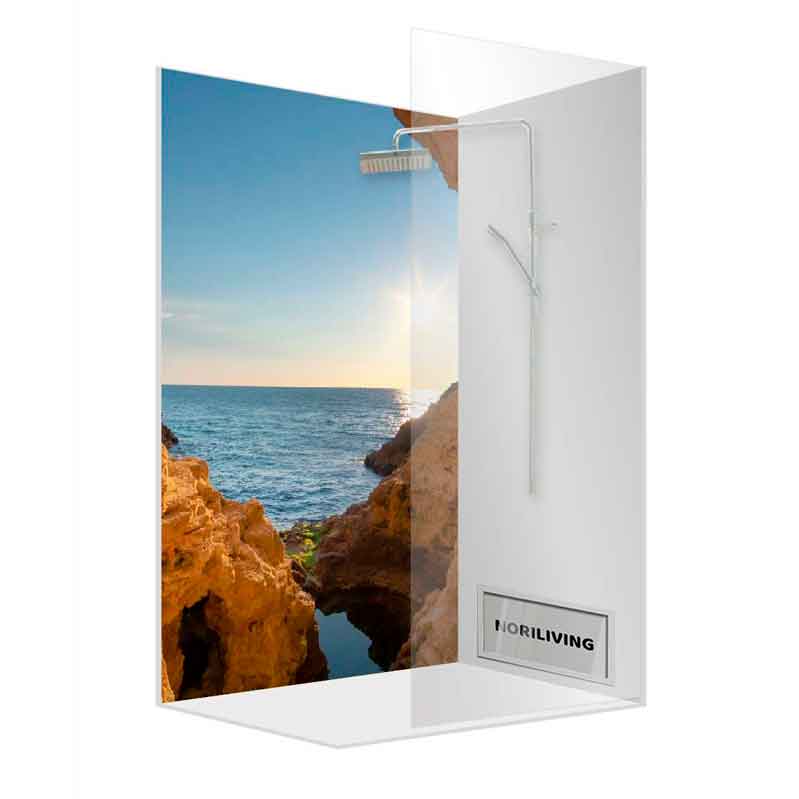 Duschkabine mit Strandmotiv und moderner Duscharmatur Duschkabine mit Meer- und Felsmotiv, moderne Dusche