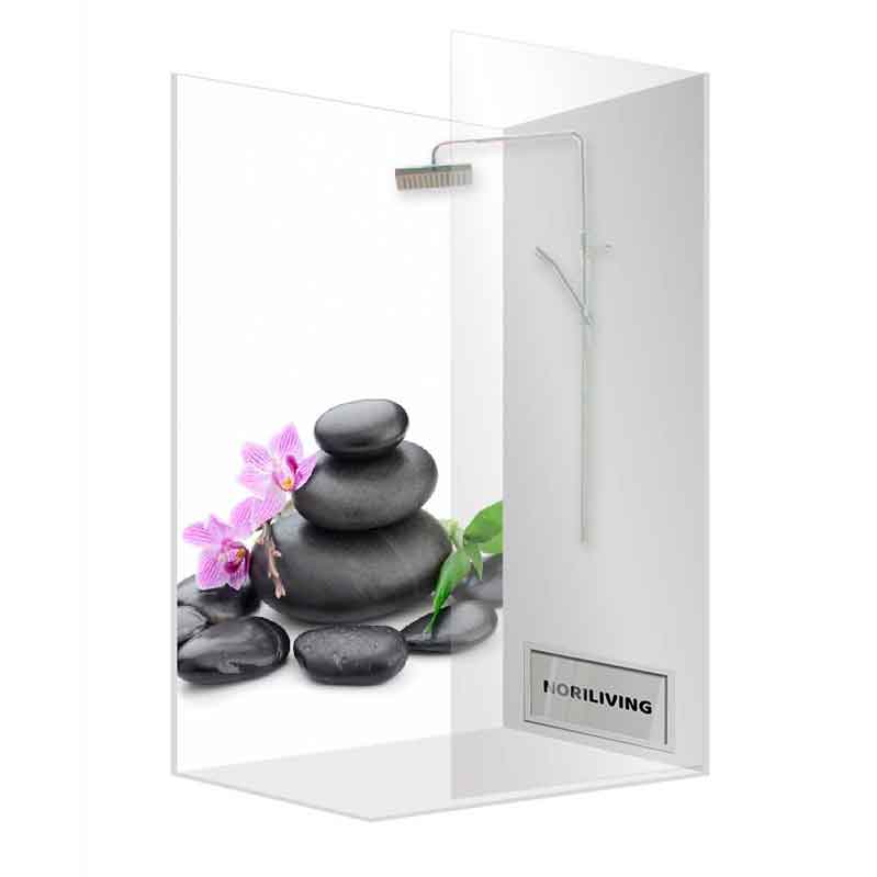 Duschtrennwand mit Zen-Steinen und Orchideen-Design