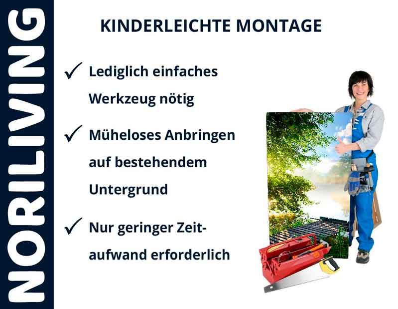 Poster von NORILIVING mit kinderleichter Montage: Einfaches Werkzeug nötig, müheloses Anbringen und geringer Zeitaufwand.