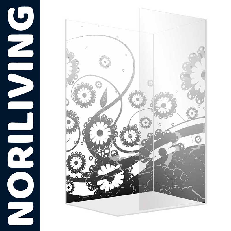 Duschabtrennung Noriliving mit Blumenmuster, zwei Glaselemente mit dekorativen Blumen und Ranken in Schwarz-Weiß