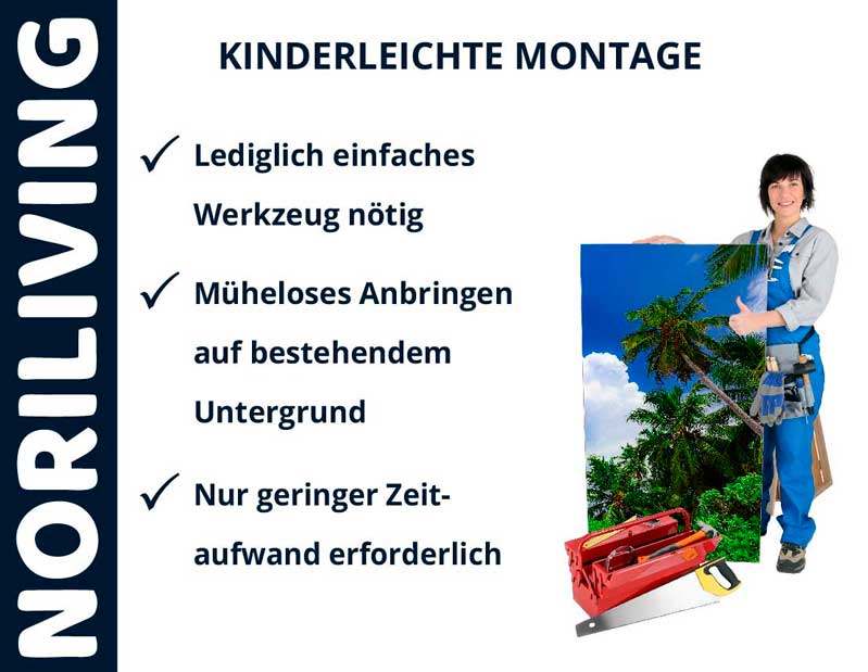 NORILIVING Montageanleitung mit Werkzeug und Mann, der ein Bild hält