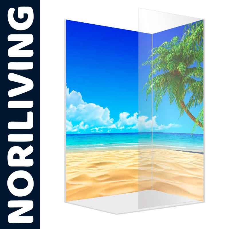 Duschwand mit tropischem Stranddesign und Palme aus Glas von Noriliving