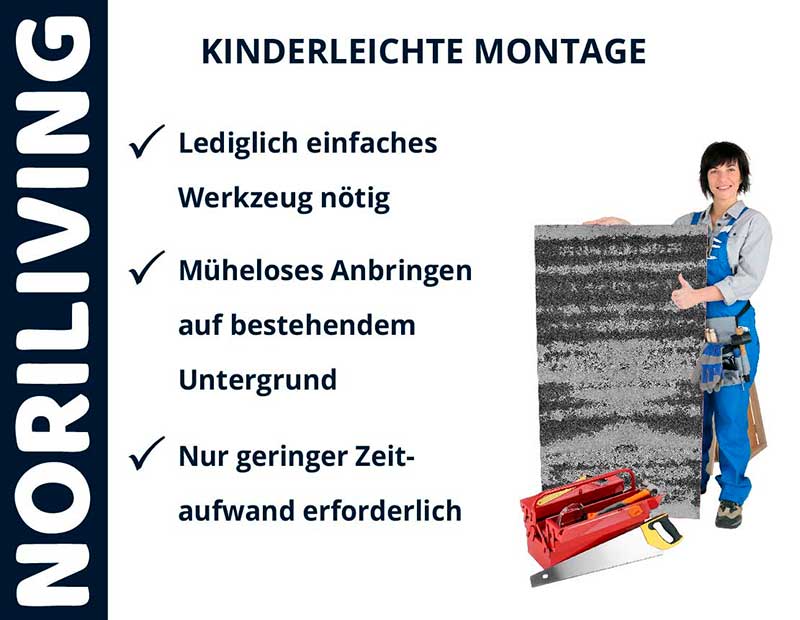 Mitarbeiterin von Noriliving zeigt kinderleichte Montage mit Checkliste: einfaches Werkzeug nötig, müheloses Anbringen, geringer Zeitaufwand erforderlich.