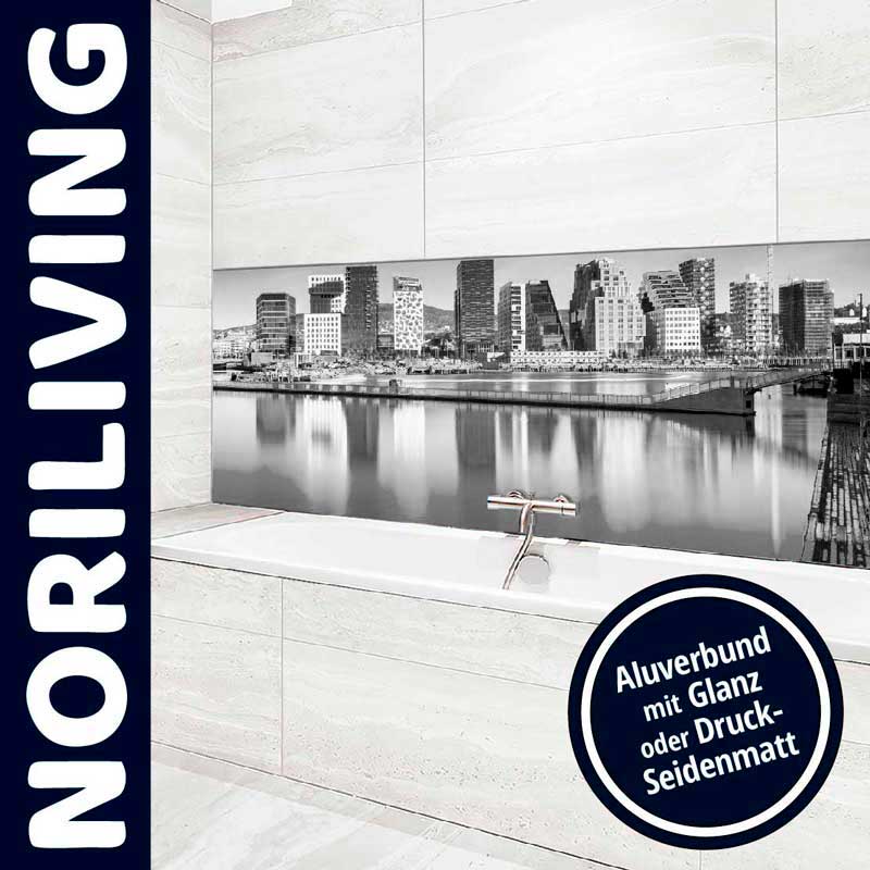 Elegantes Badezimmer mit Stadt-Skyline an der Wand und modernen Armaturen, präsentiert von NORILIVING.