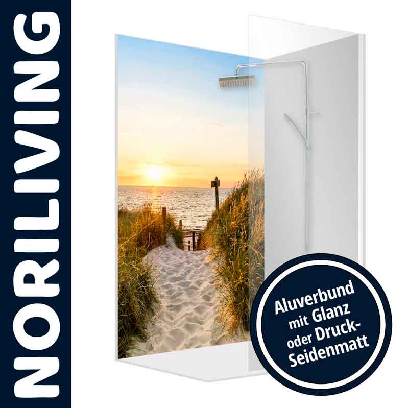 Noriliving Duschrückwand mit Strandmotiv - Aluverbund in Glanz oder Druck-Seidenmatt Strandmotiv Duschrückwand von Noriliving, Aluverbund, glänzend oder seidenmatt bedruckt