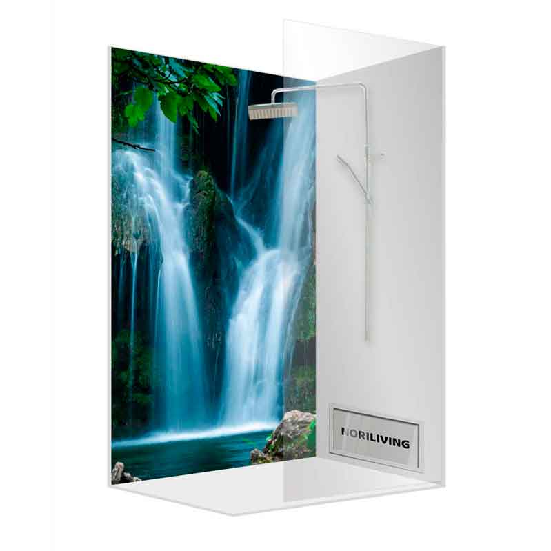 Duschkabine mit Wasserfall-Hintergrund und Glastüren von NORILIVING