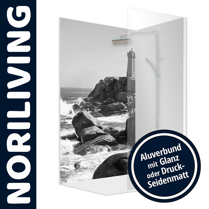 Duschabtrennung mit Leuchtturm-Bild auf Aluverbundplatte, erhältlich in Glanz oder Druck-Seidenmatt