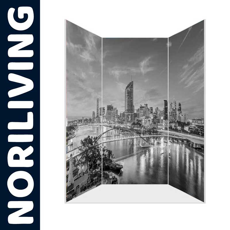 Eleganter Raumteiler mit Skyline-Motiv – Noriliving Faltbarer Raumteiler mit einer schwarz-weißen Skyline, ideal für stilvolle Raumgestaltung