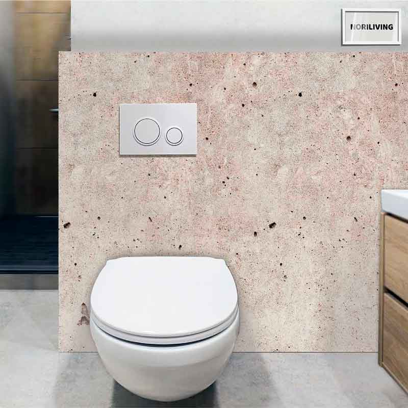 Moderne Wandtoilette mit Spülkasten aus Betonoptik Wandtoilette vor Betonoptik-Wand mit eingebautem Spülkasten und Drückerplatte