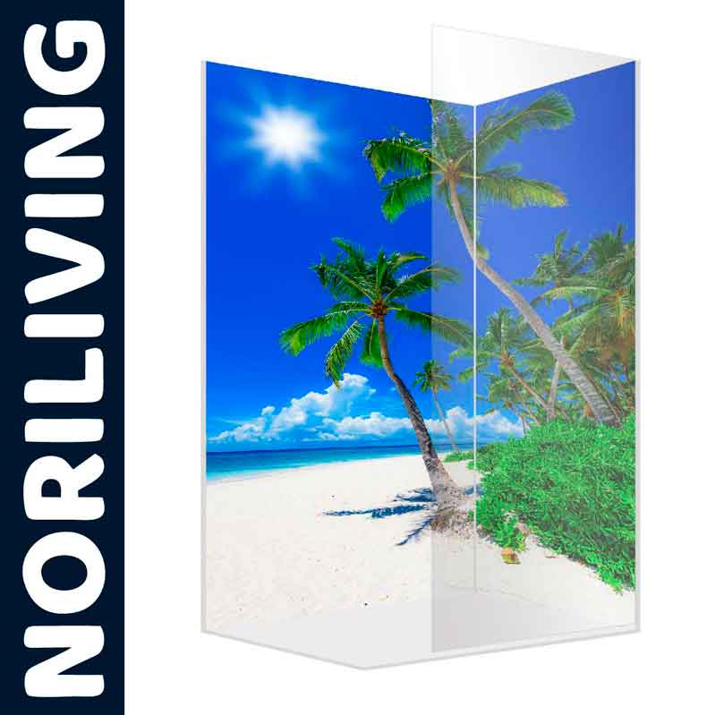Duschabtrennung mit farbenfrohem Bild eines sonnigen Strandes und Palmen, Produkt von Noriliving