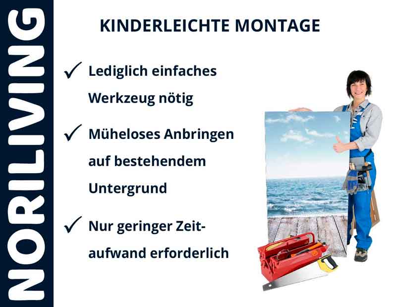 NORILIVING bietet einfache Montage mit minimalem Werkzeugaufwand. Person in Arbeitskleidung hält Bild mit Meerblick.