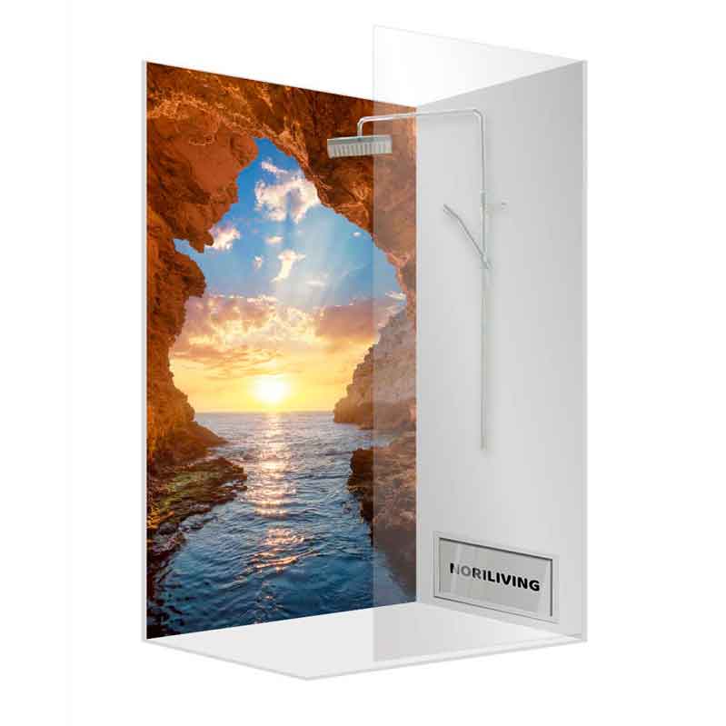 Moderne Dusche mit Naturmotiv und Sonnenuntergang Dusche mit Fotowand eines Sonnenuntergangs am Meer, modernes Design
