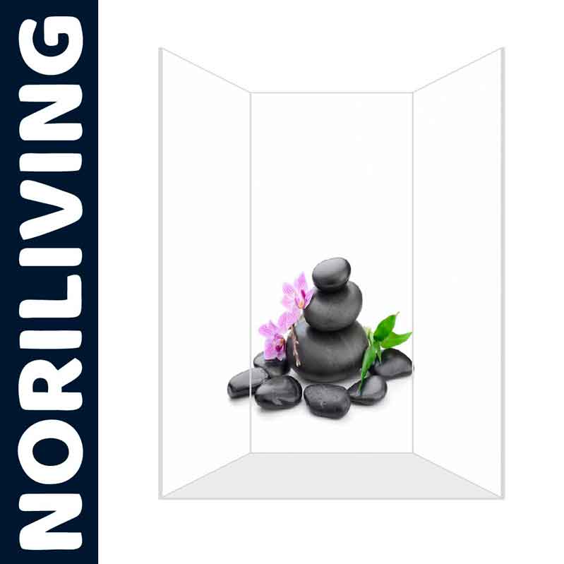 Paravent mit Zen-Motiv, Steinen und Orchidee vor weißem Hintergrund