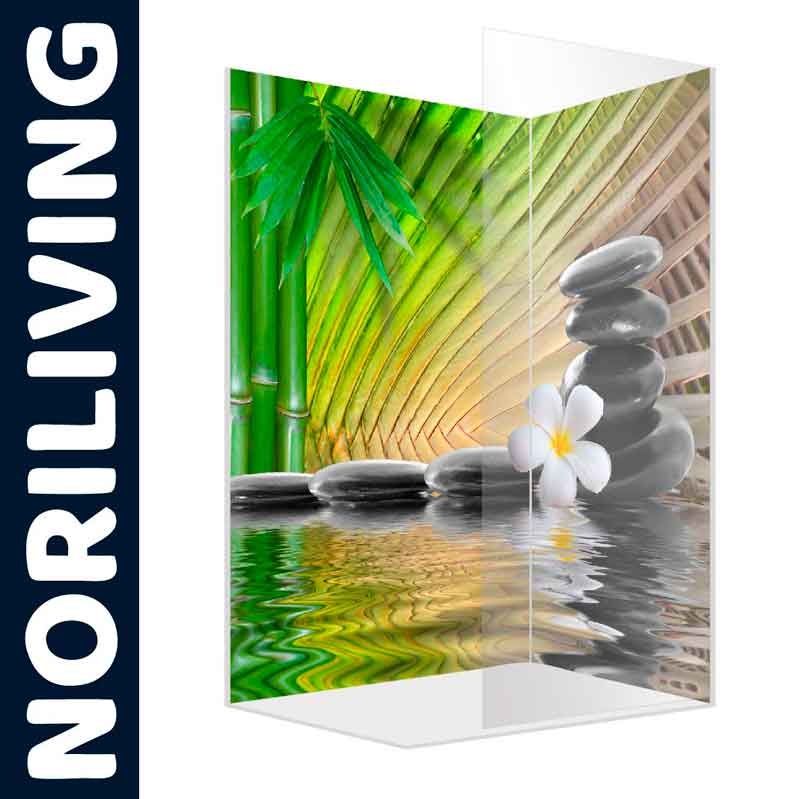 Duschwand aus Glas mit Bambusgrün und Steinen im Zen-Stil