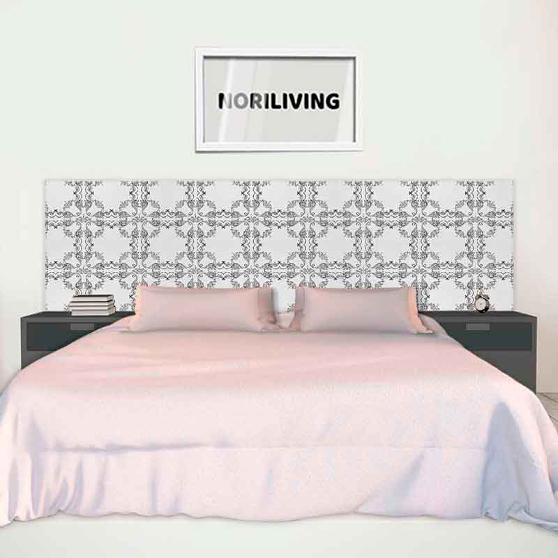 Elegantes Schlafzimmer mit grauem Kopfteil und modernem Doppelbett, dekoriert mit einem Noriliving-Wandbild