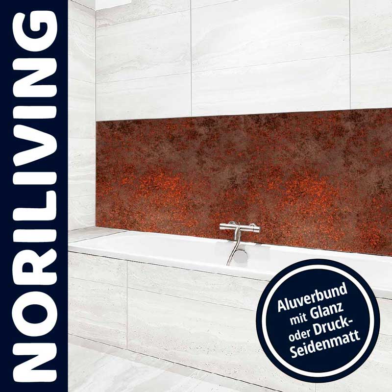 Bad mit eleganter Kupferoptik-Aluverbundplatte und moderner Armatur