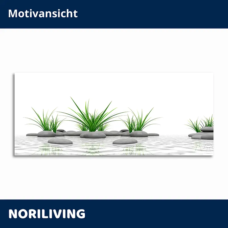 Leinwandbild: graue Steine und grüne Gräser im Wasser