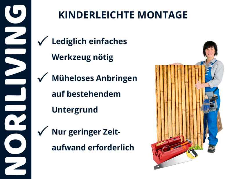 Frau präsentiert Noriliving Produkt mit kinderleichter Montage, minimaler Werkzeugbedarf und schneller Installation