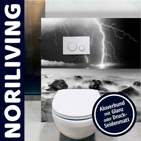 Norliving WC-Designpaneel mit Landschaftsprint und eleganter Alubund-Oberfläche Stylisches WC-Designpaneel von Norliving mit Landschaftsmotiv und Blitz, erhältlich in Glanz oder Druck-Seidenmatt-Oberfläche.