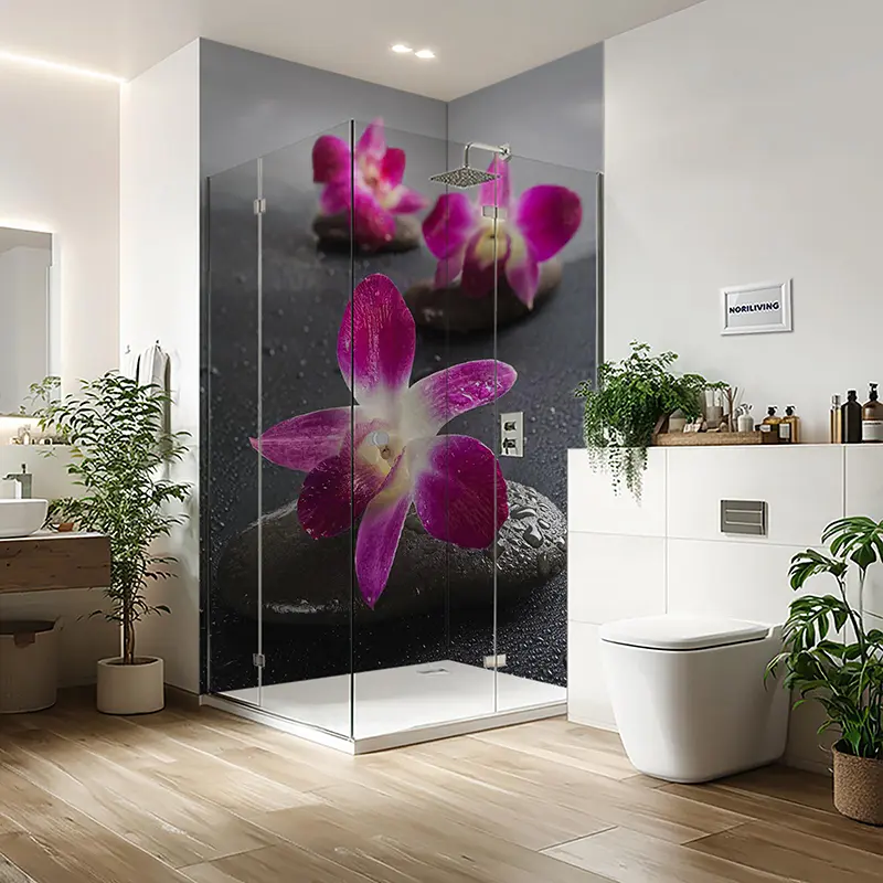 Duschrückwand Einzel | Ecke | Alu Zen Steine mit Orchideen 642